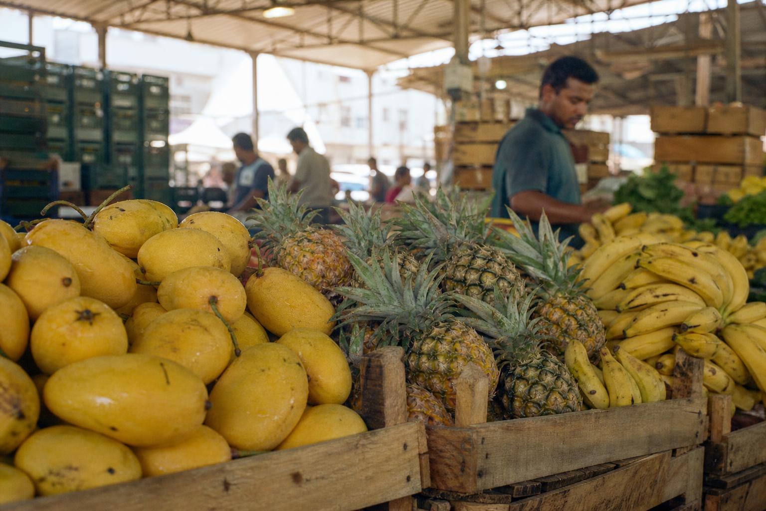 Crates of ripe mangoes and pineapples at the Al Aweer Fruit and Vegetable Market in Dubai